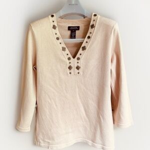 Jones New York 3/4 Sleeve Pullover Sweater Embellished Beads Sequins Neckline M